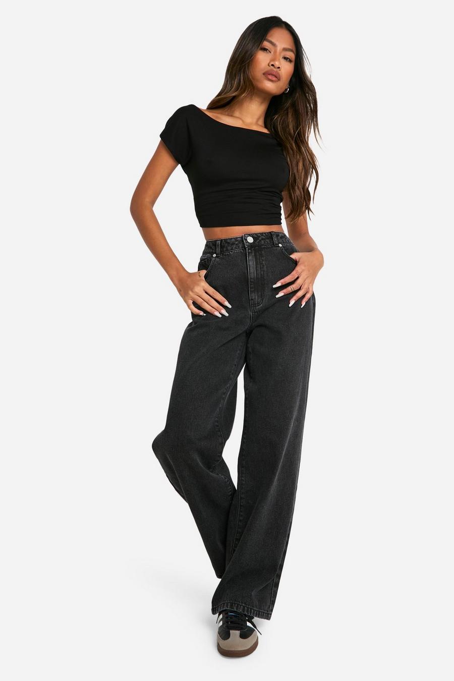 Basics High Waisted Boyfriend Jeans in Washed Black | boohoo USA Basics High Waisted Boyfriend Jeans in Washed Black | boohoo USA